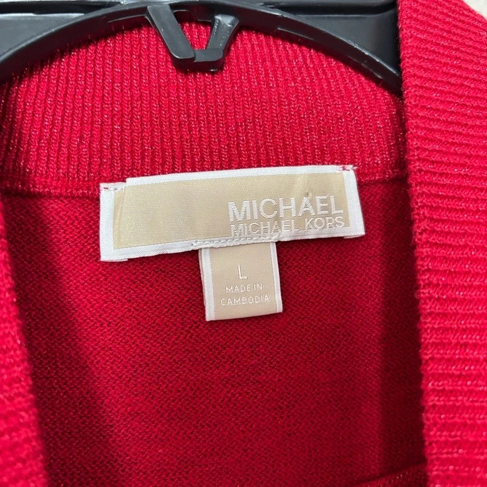 Michael Kors Red Glitter Mock Neck Knit Short Sleeve Lightweight Sweater Large